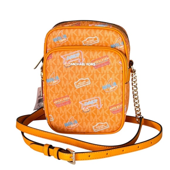NWT MICHAEL KORS Jet Set Medium Embellished Signature Logo Crossbody Bag Orange - Picture 1 of 6
